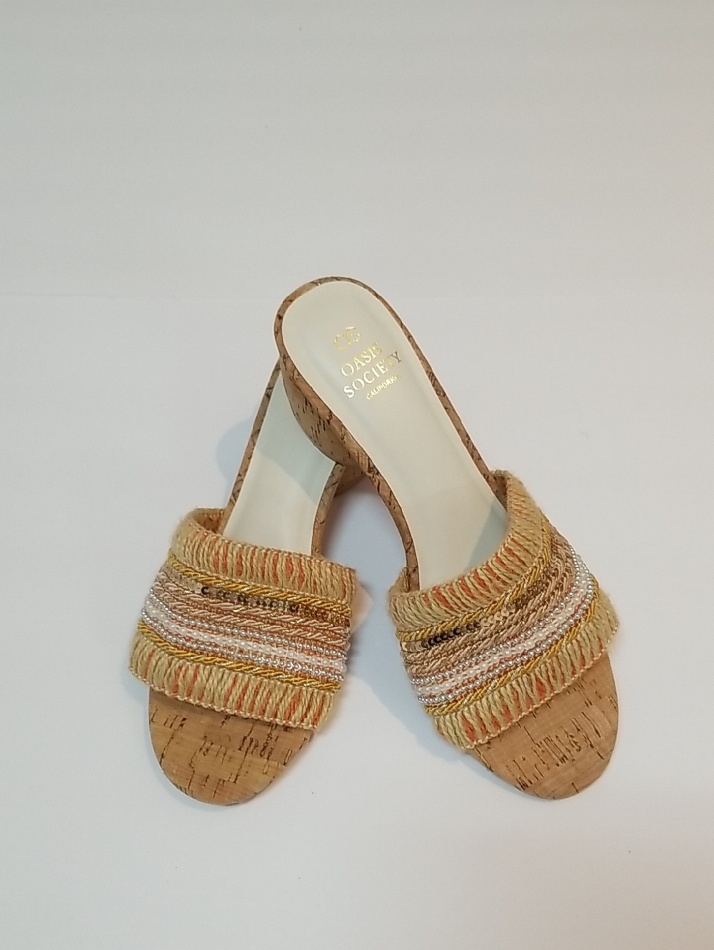 Society Woven Beige & Gold Slide Sandals